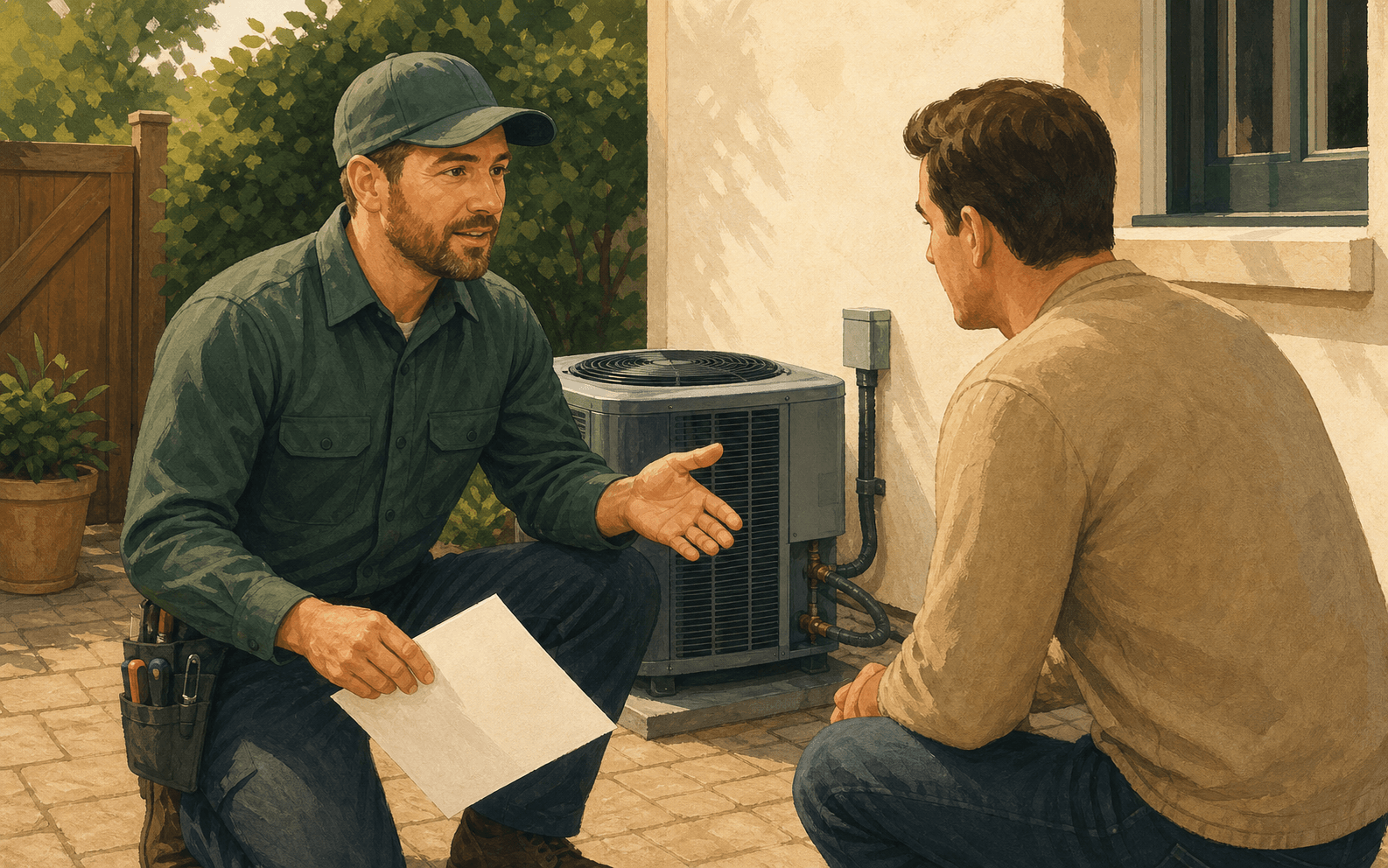 HVAC technician explaining an outdoor condenser repair estimate to a homeowner
