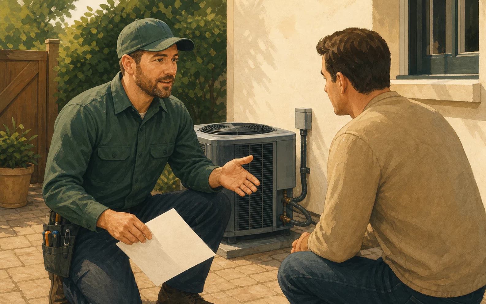 HVAC technician explaining an outdoor condenser repair estimate to a homeowner