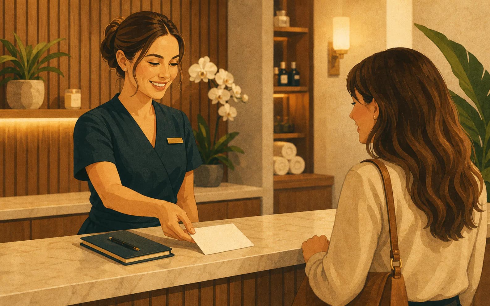 Med spa front desk associate placing a blank seasonal offer card on a reception counter
