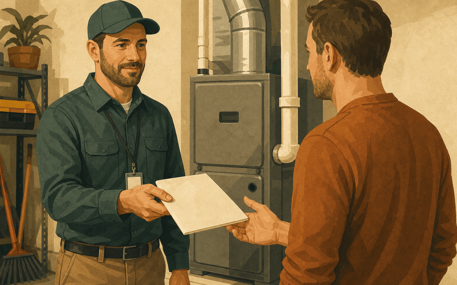 HVAC comfort advisor handing a blank financing packet to a homeowner beside a furnace