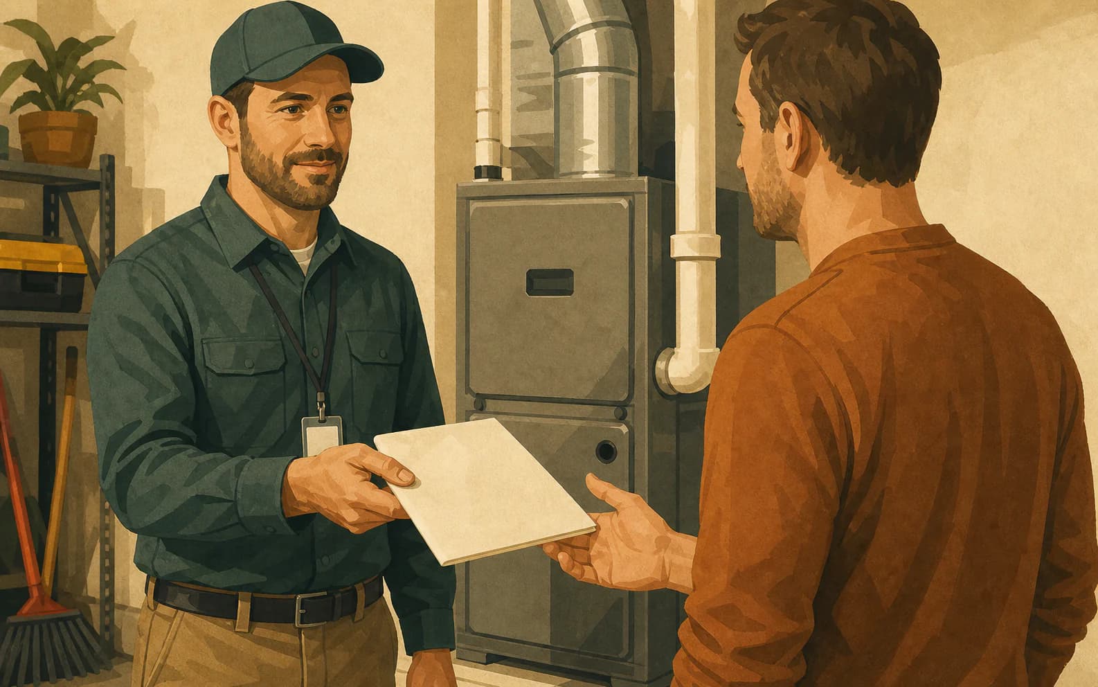 HVAC comfort advisor handing a blank financing packet to a homeowner beside a furnace