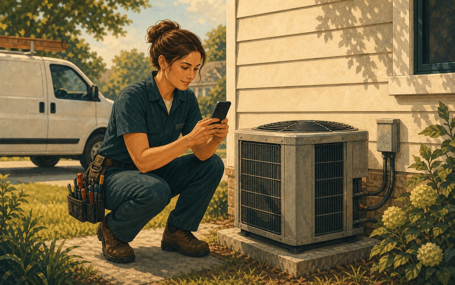 HVAC technician photographing an outdoor air-conditioning unit after service