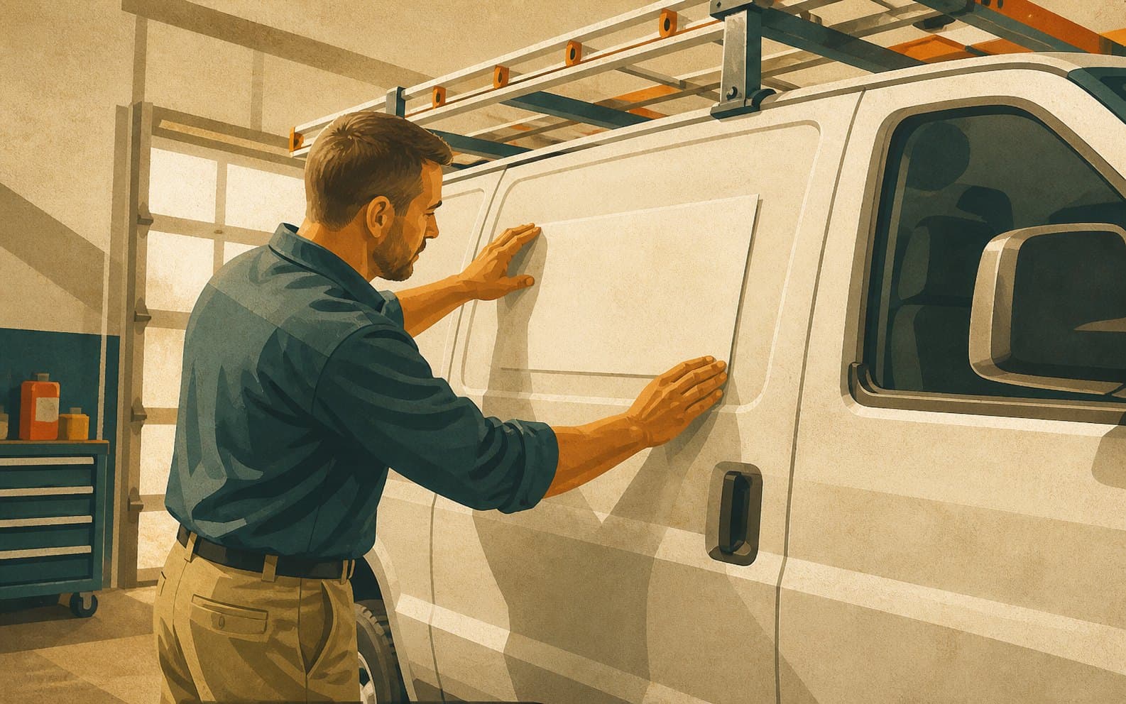 Operations manager applying a blank brand panel to an unbranded service van in a home services bay