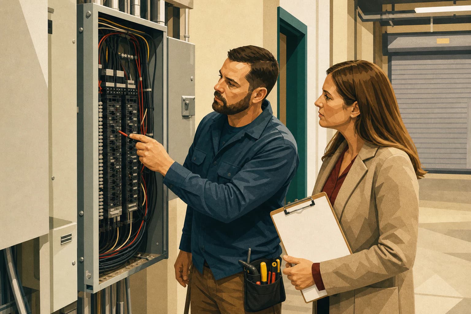 Electrician reviewing a commercial electrical panel with a property manager in a service hallway