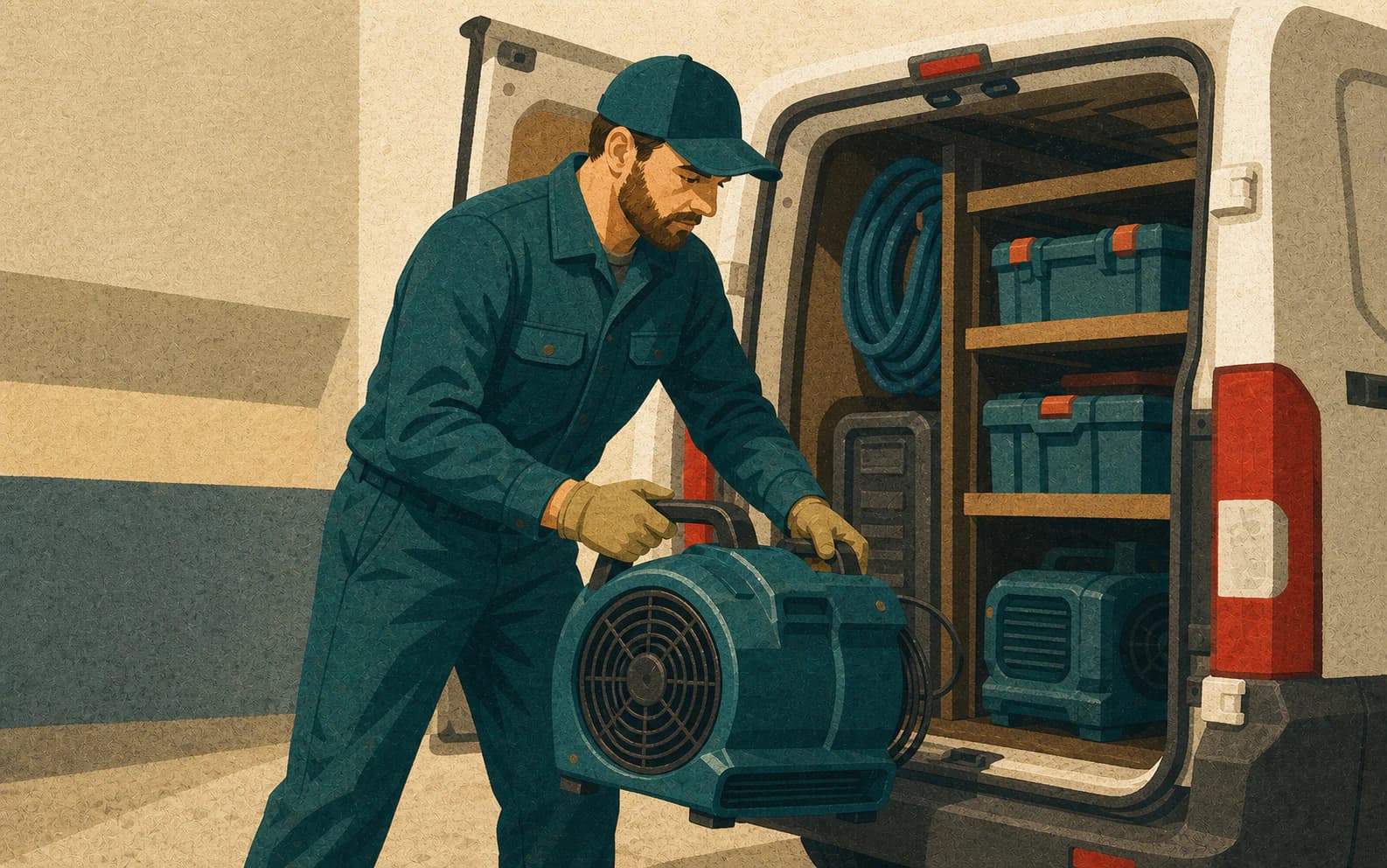 Restoration technician loading a drying fan into a service van before an urgent customer call