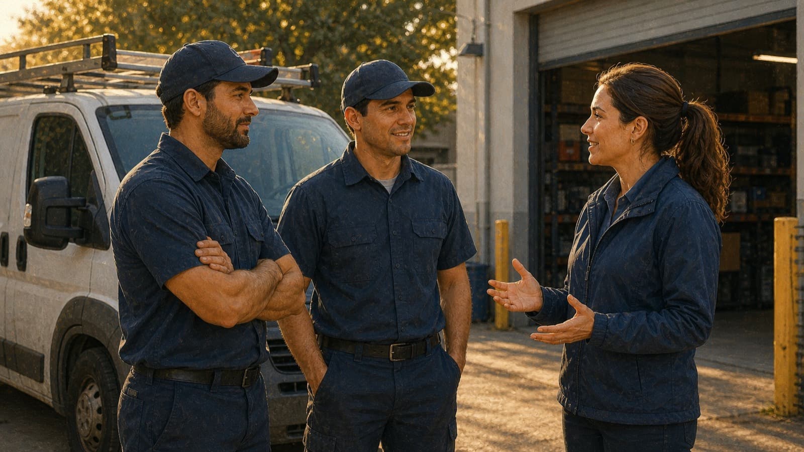 Branch manager coaching two service technicians beside a van in a service yard
