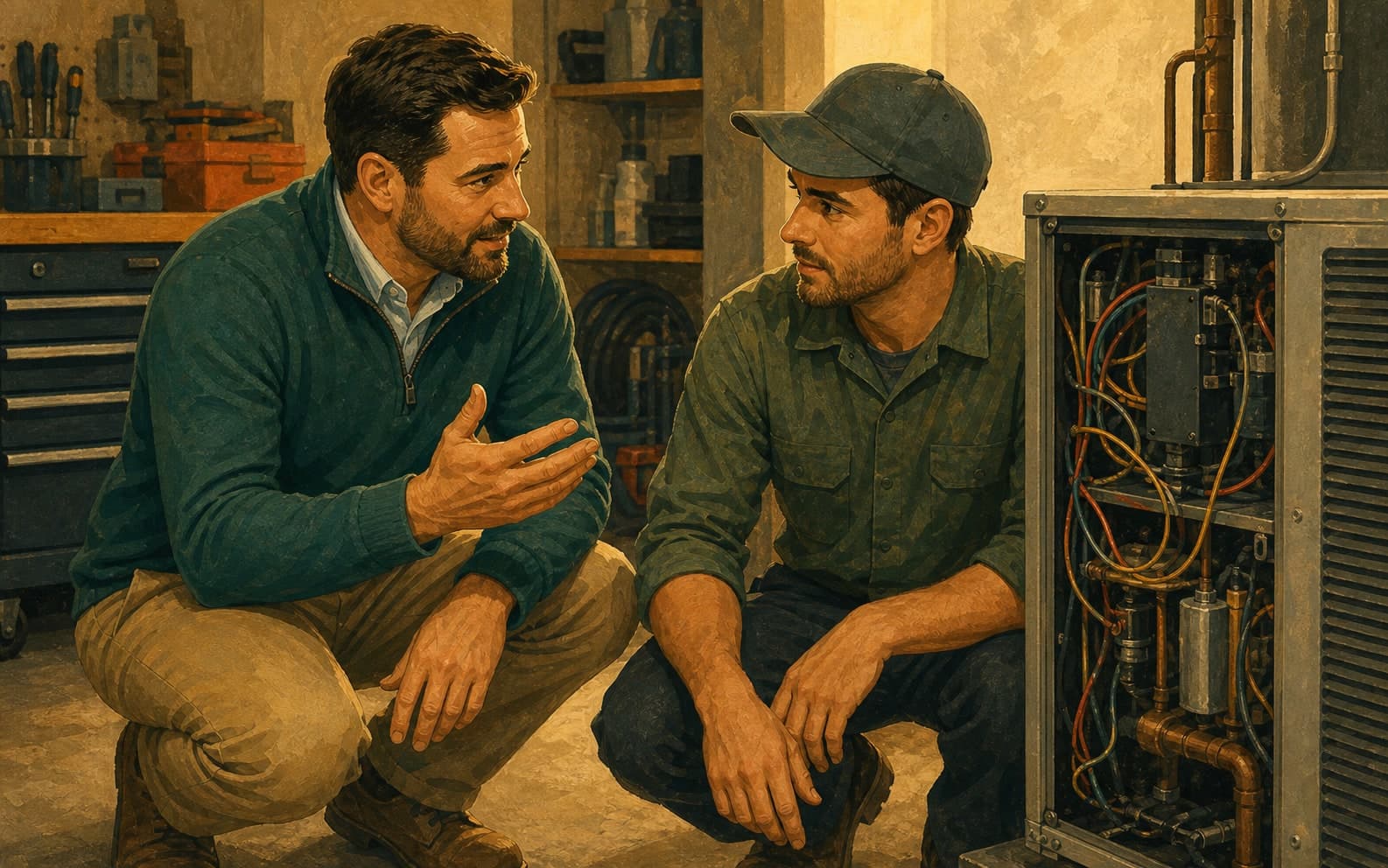 Branch manager coaching a technician beside open HVAC equipment in a service bay