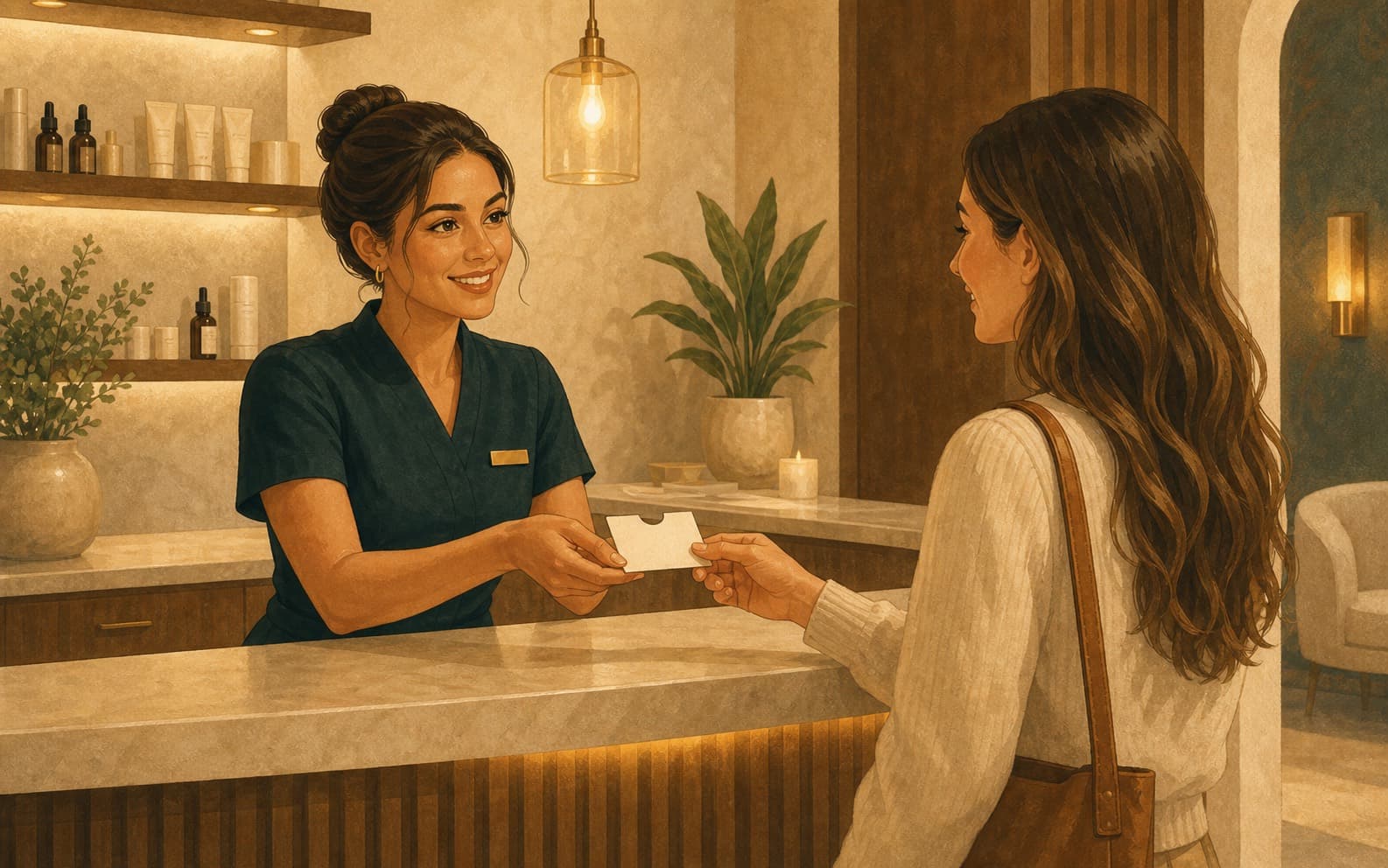 Med spa front desk associate handing a small card to a customer at checkout