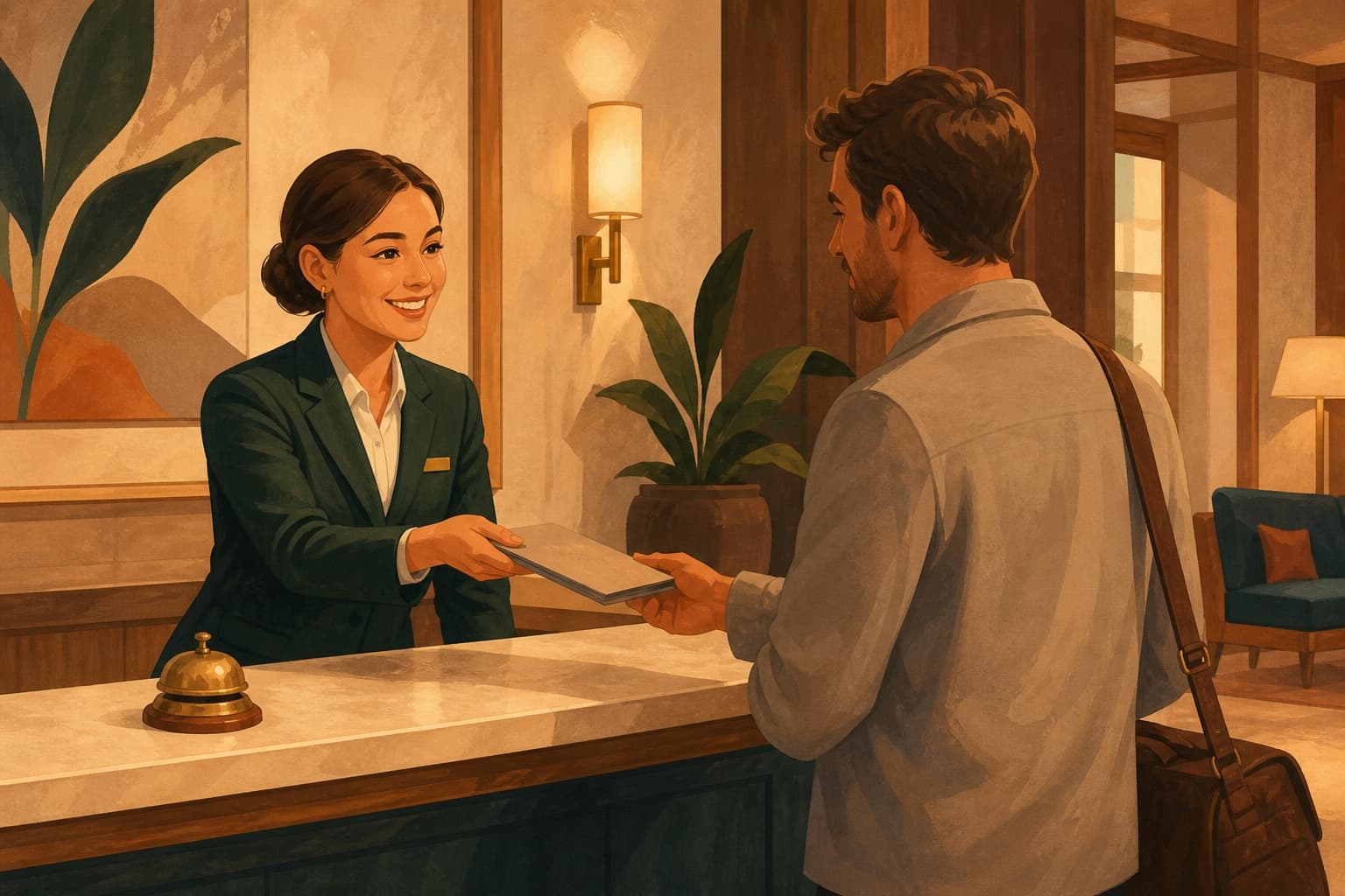 Hotel front desk associate handing a plain checkout folio to a guest