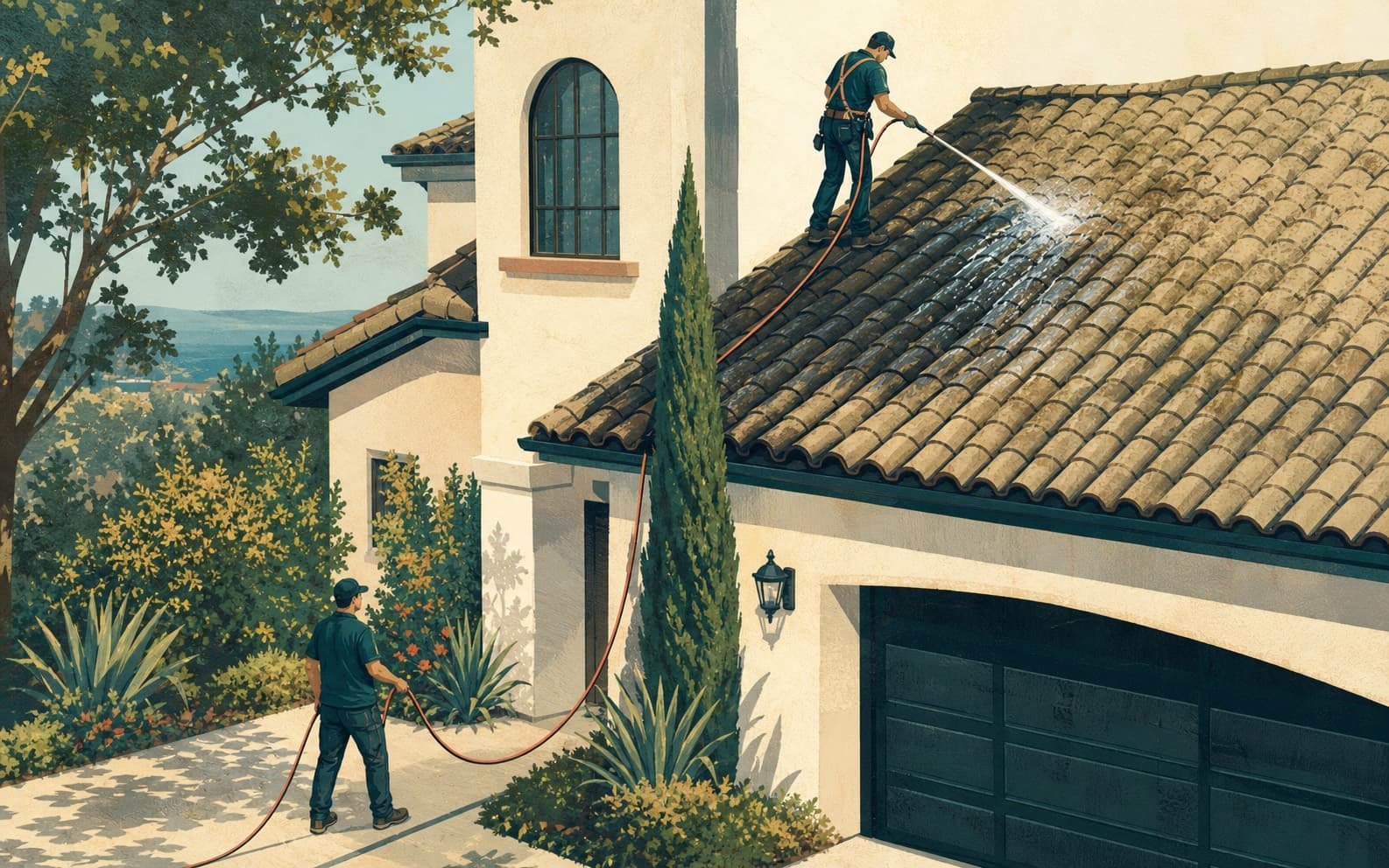 Roof cleaning technician rinsing tile while a crew member manages the hose below