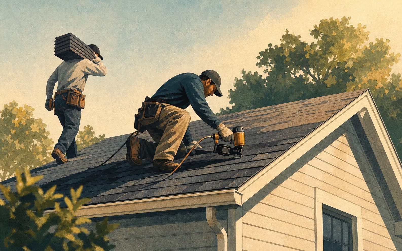 Roofing crew installing shingles on a residential home