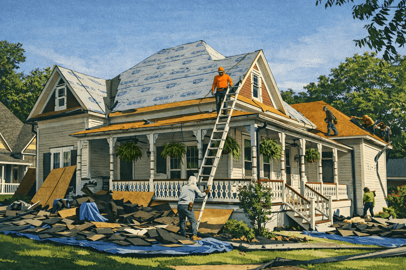 Roofing crew working on a residential home