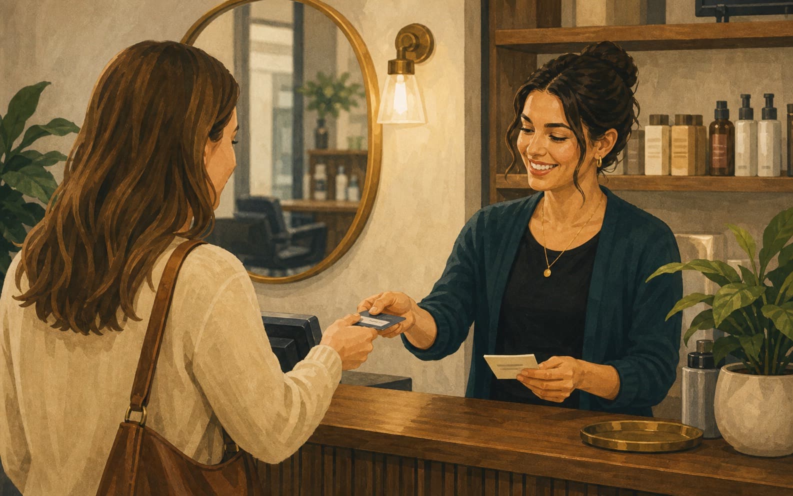 Salon receptionist handing an appointment card to a customer
