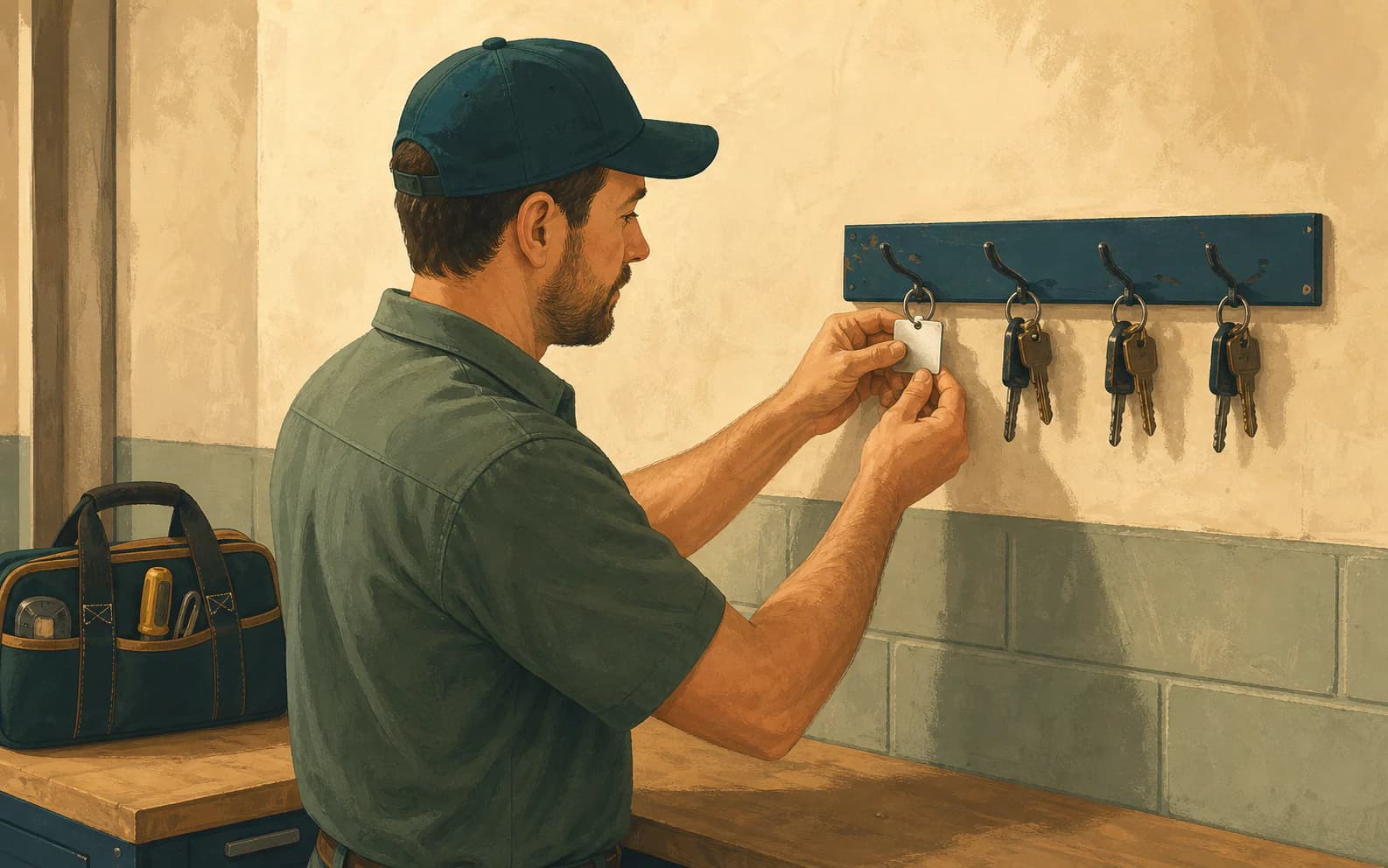 Garage door service manager attaching a blank branch identity tag to a key rack