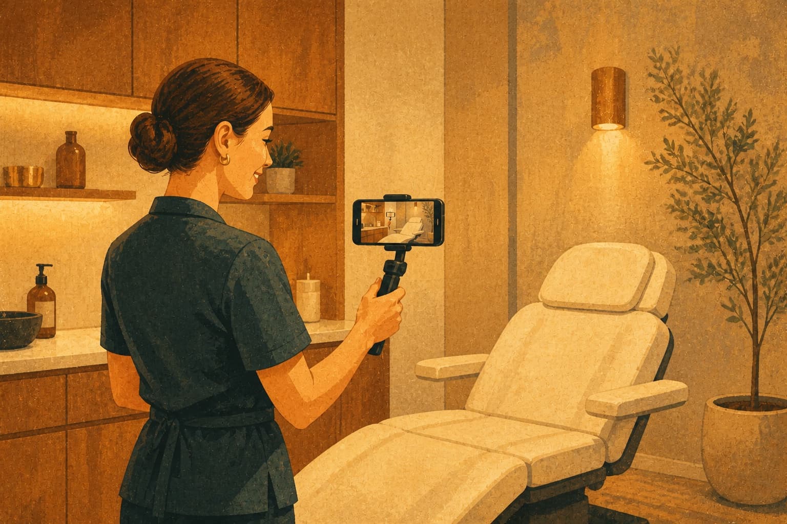 Med spa location manager recording a treatment-room walkthrough with a smartphone