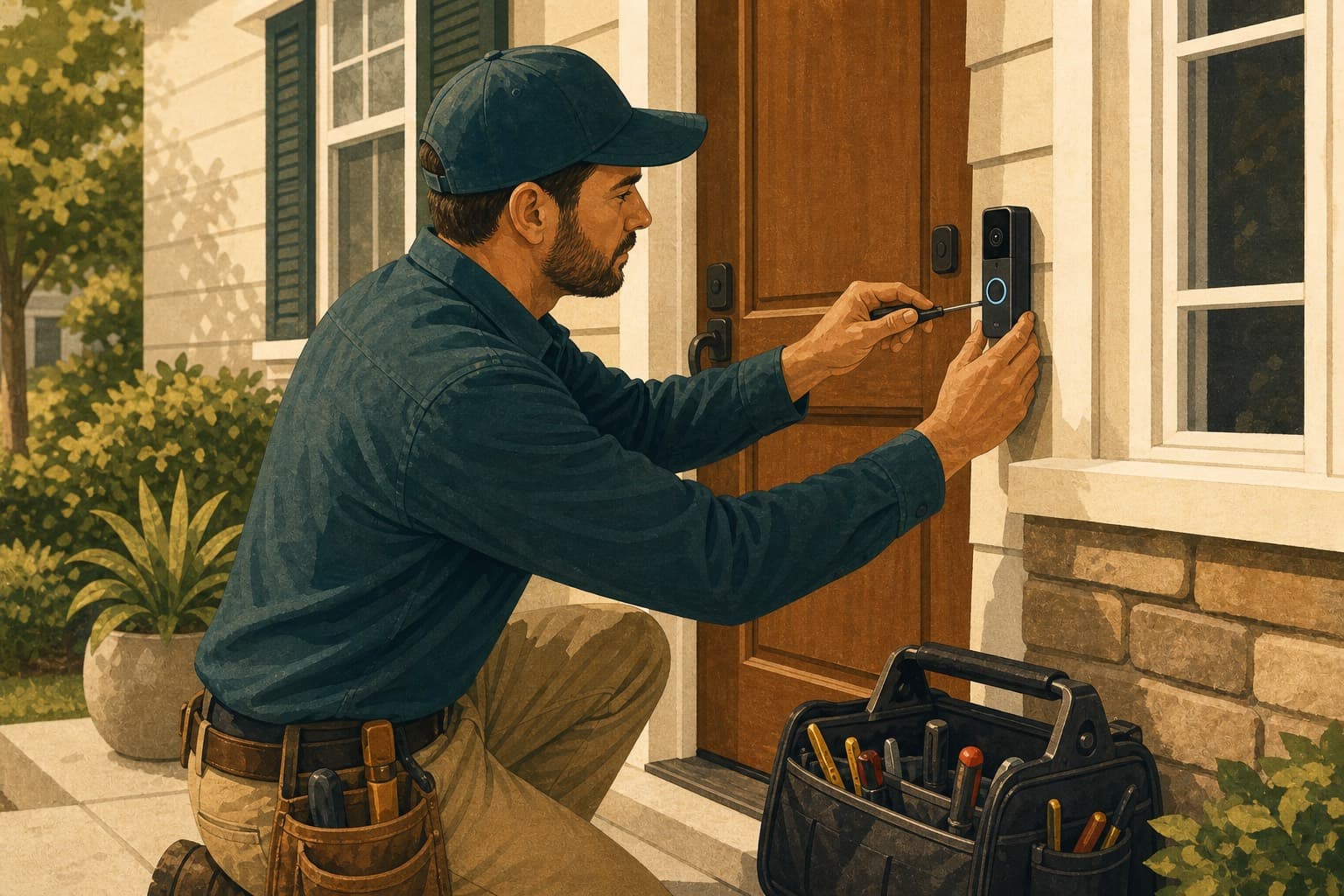 Smart home installer mounting a video doorbell at a residential front door