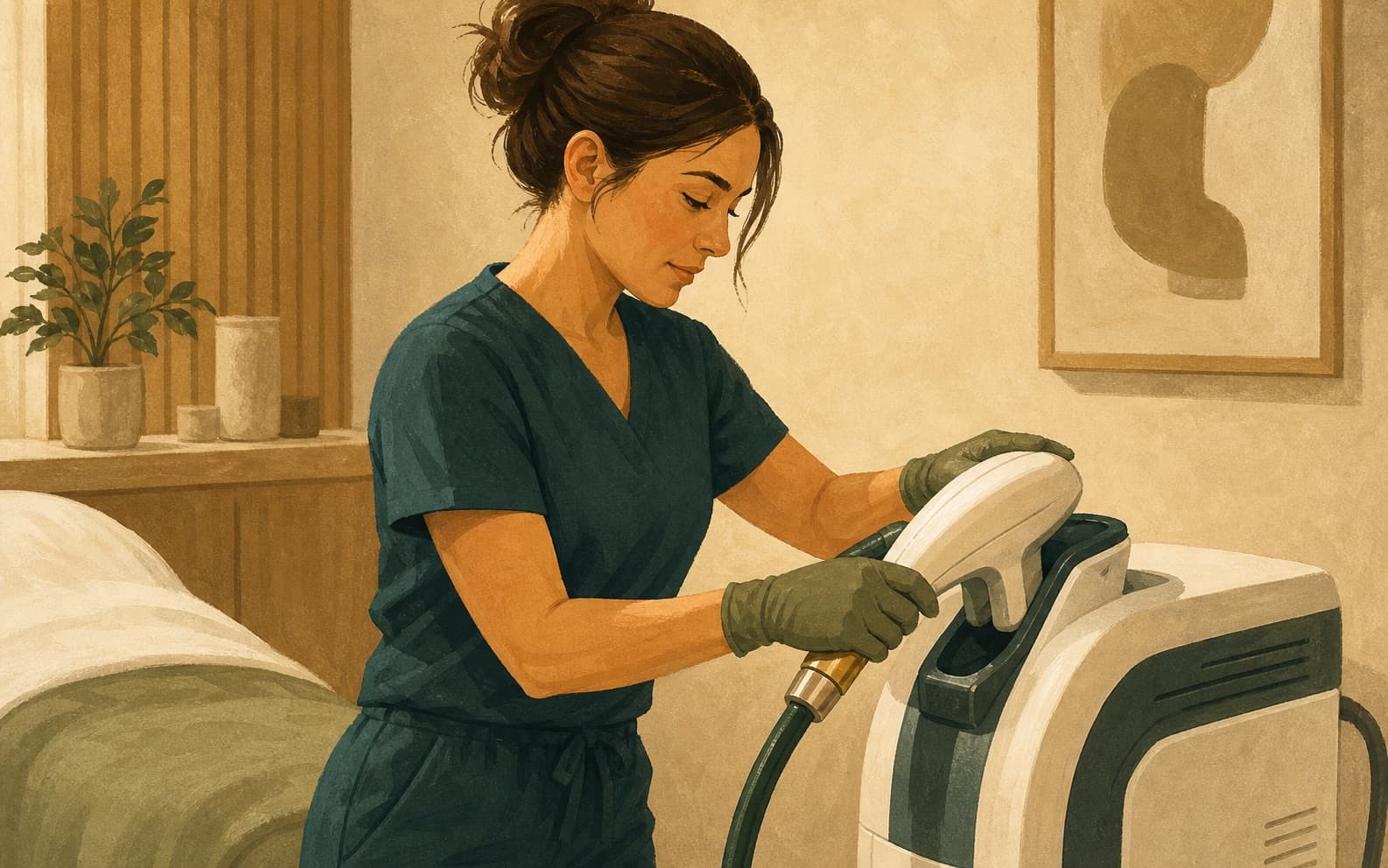 Med spa provider calibrating a laser treatment device before opening