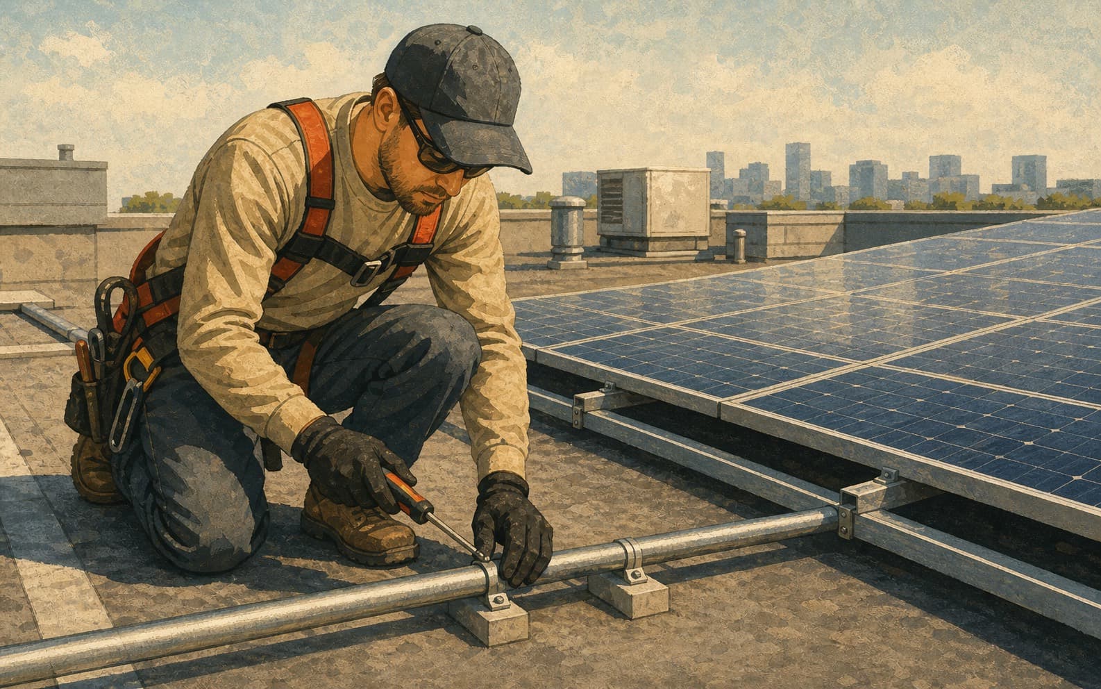Solar installer checking rooftop conduit beside solar panels