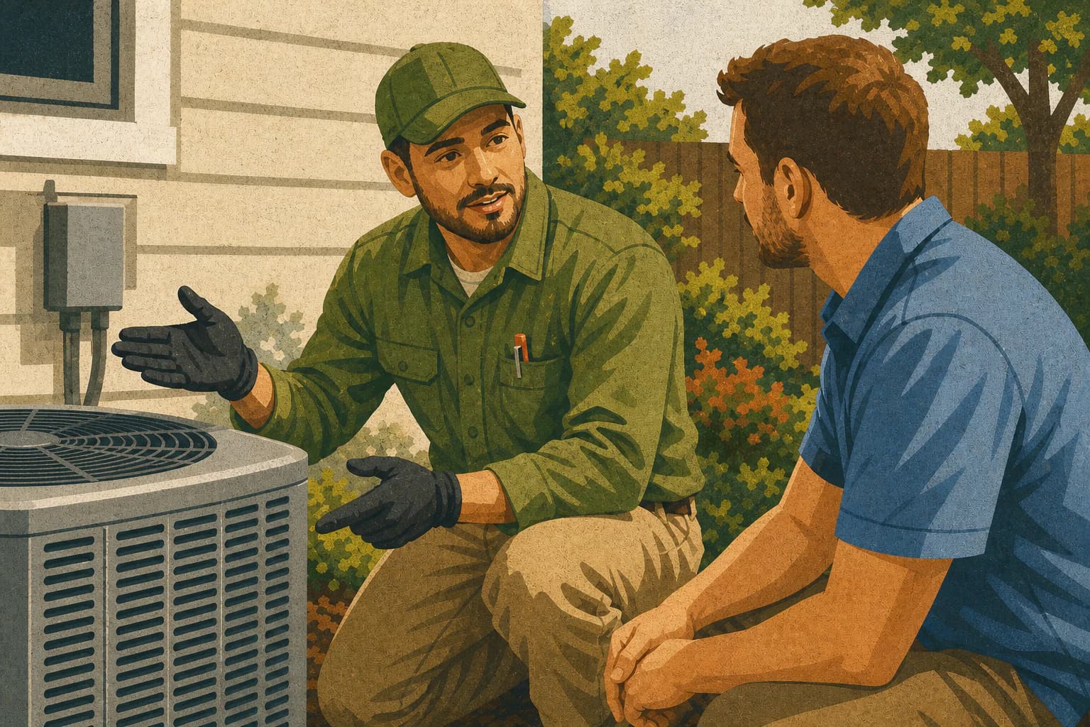HVAC technician explaining an outdoor condenser repair to a homeowner in a residential yard