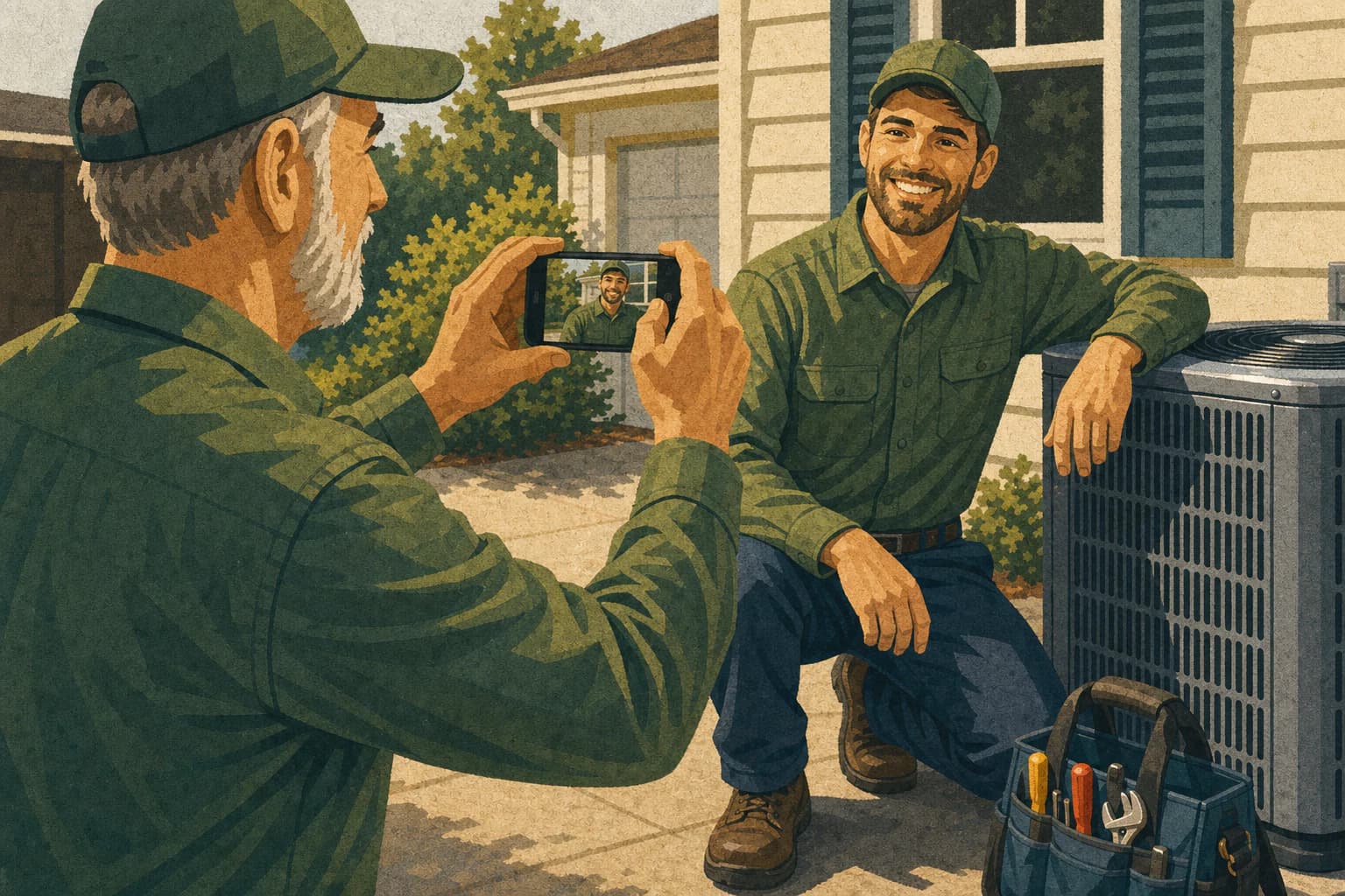 HVAC supervisor photographing a technician beside an outdoor condenser after a completed repair