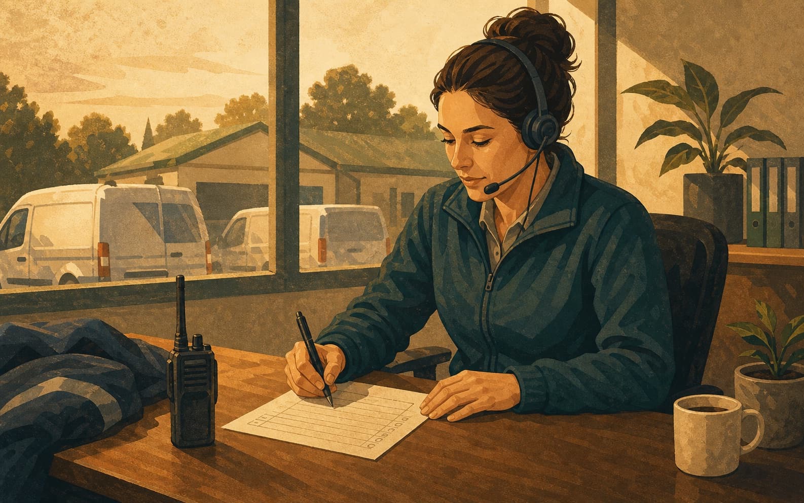 Dispatcher writing a route sheet in a local service office