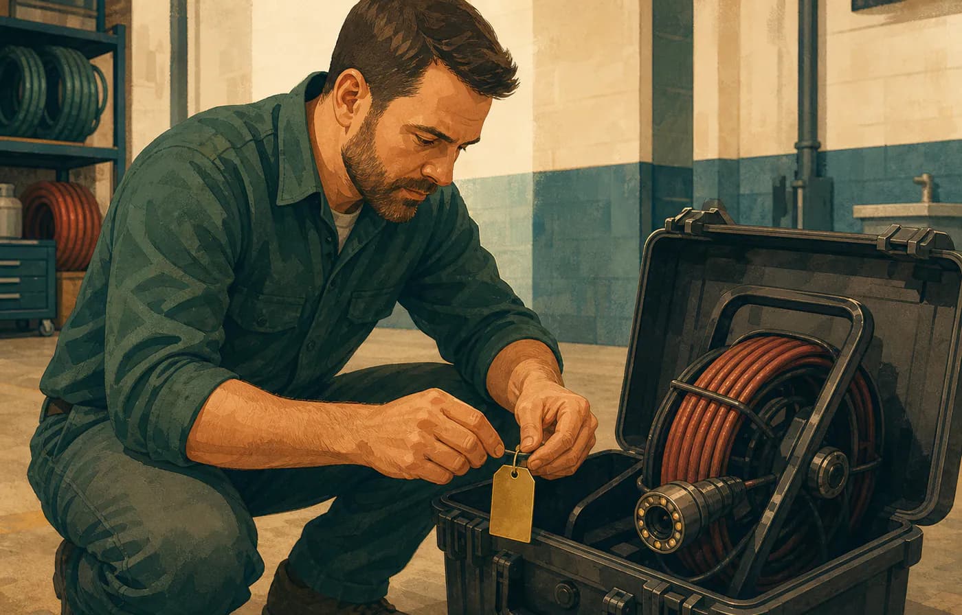 Plumbing regional operations manager fastening a blank asset tag to a drain-camera case during an acquisition inventory