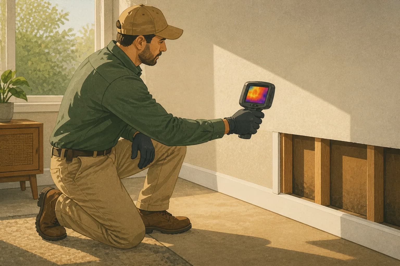 Water-restoration technician recording a thermal inspection of a residential wall