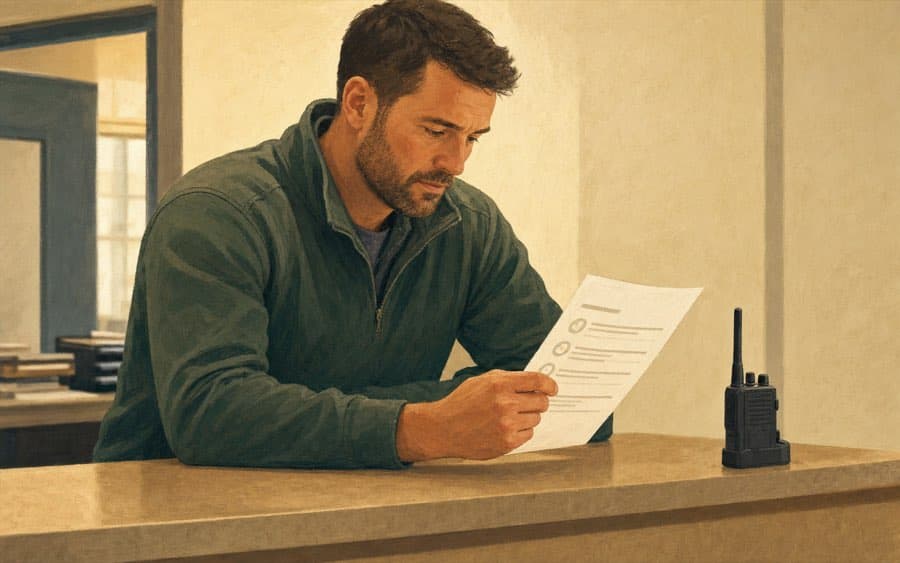 Restoration company operations manager reviewing a printed website crawl checklist