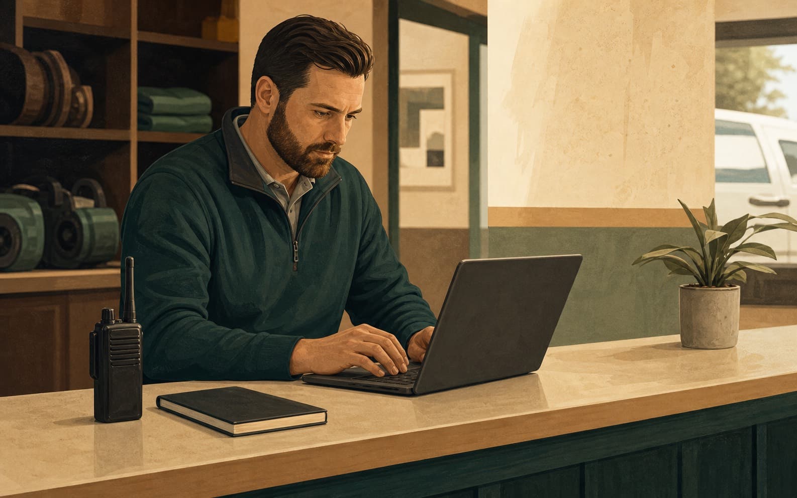 Restoration company operations manager working at a service counter with a laptop and handheld radio