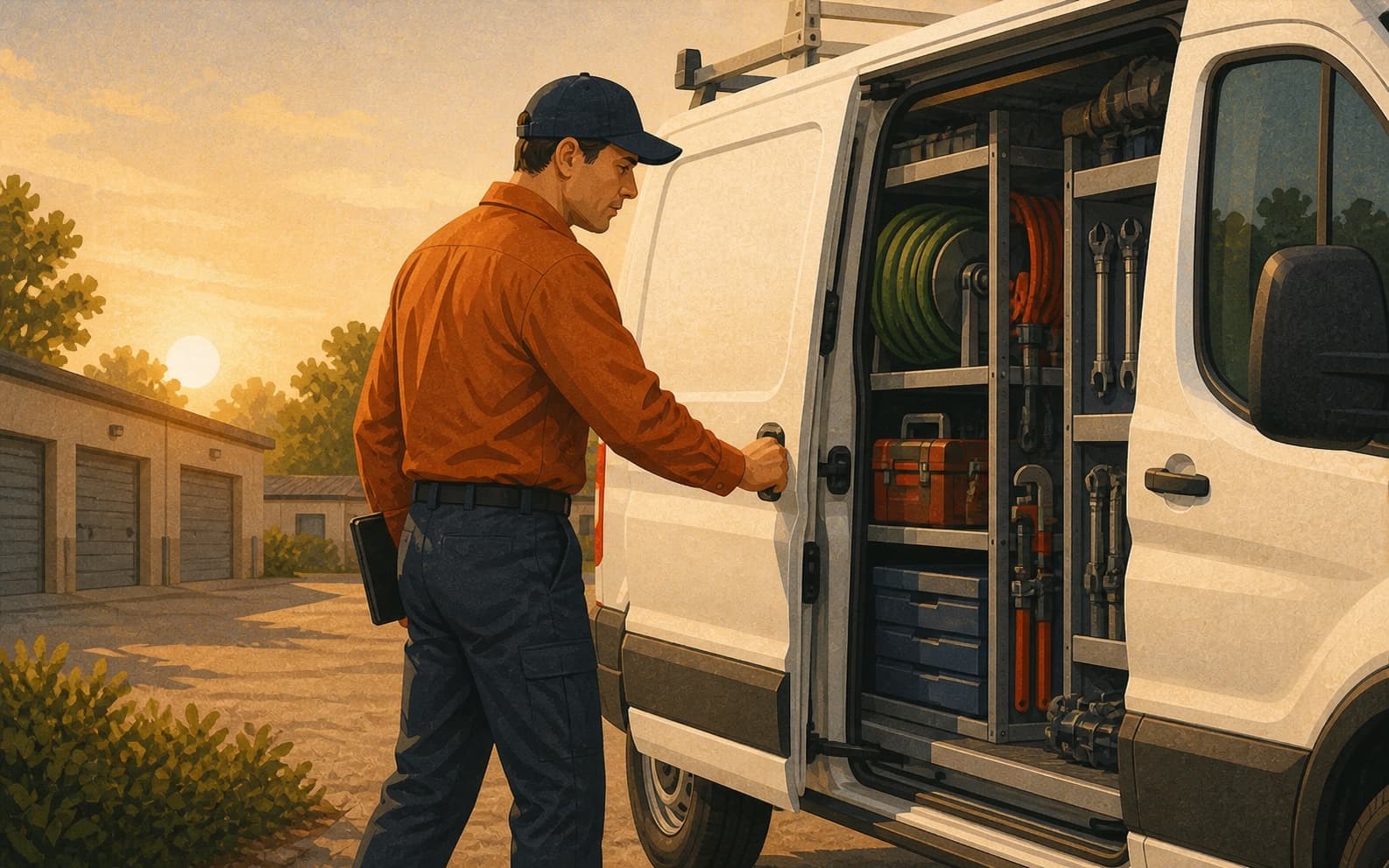 Regional home-services operations manager inspecting a service van before the day's routes