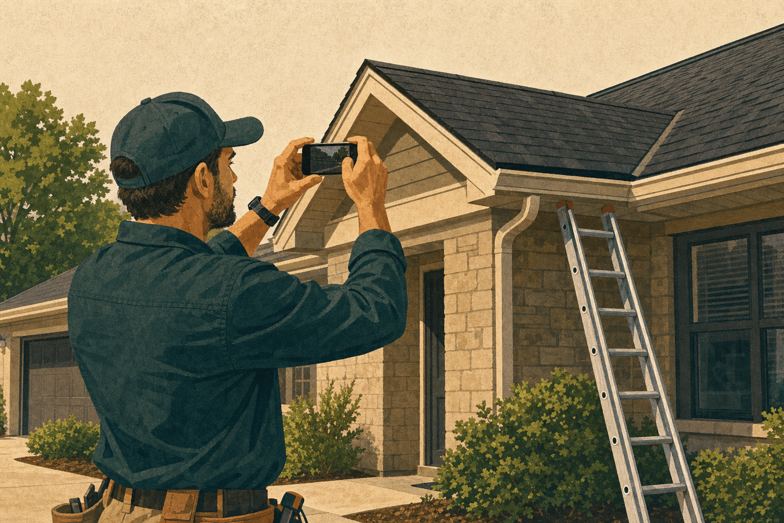 Roofing project manager photographing a completed roof edge after installation