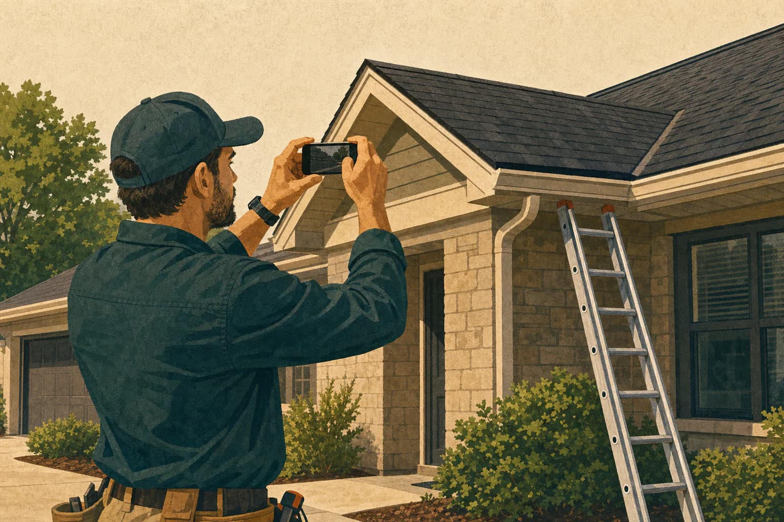 Roofing project manager photographing a completed roof edge after installation