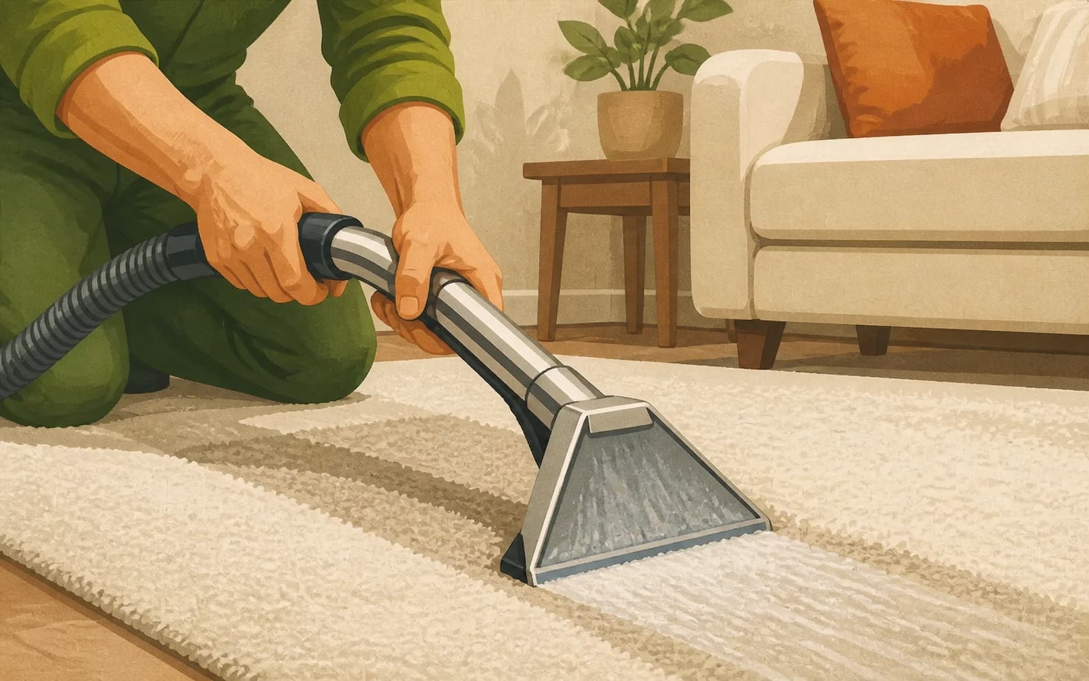 Carpet-cleaning technician guiding an extraction wand across a residential rug