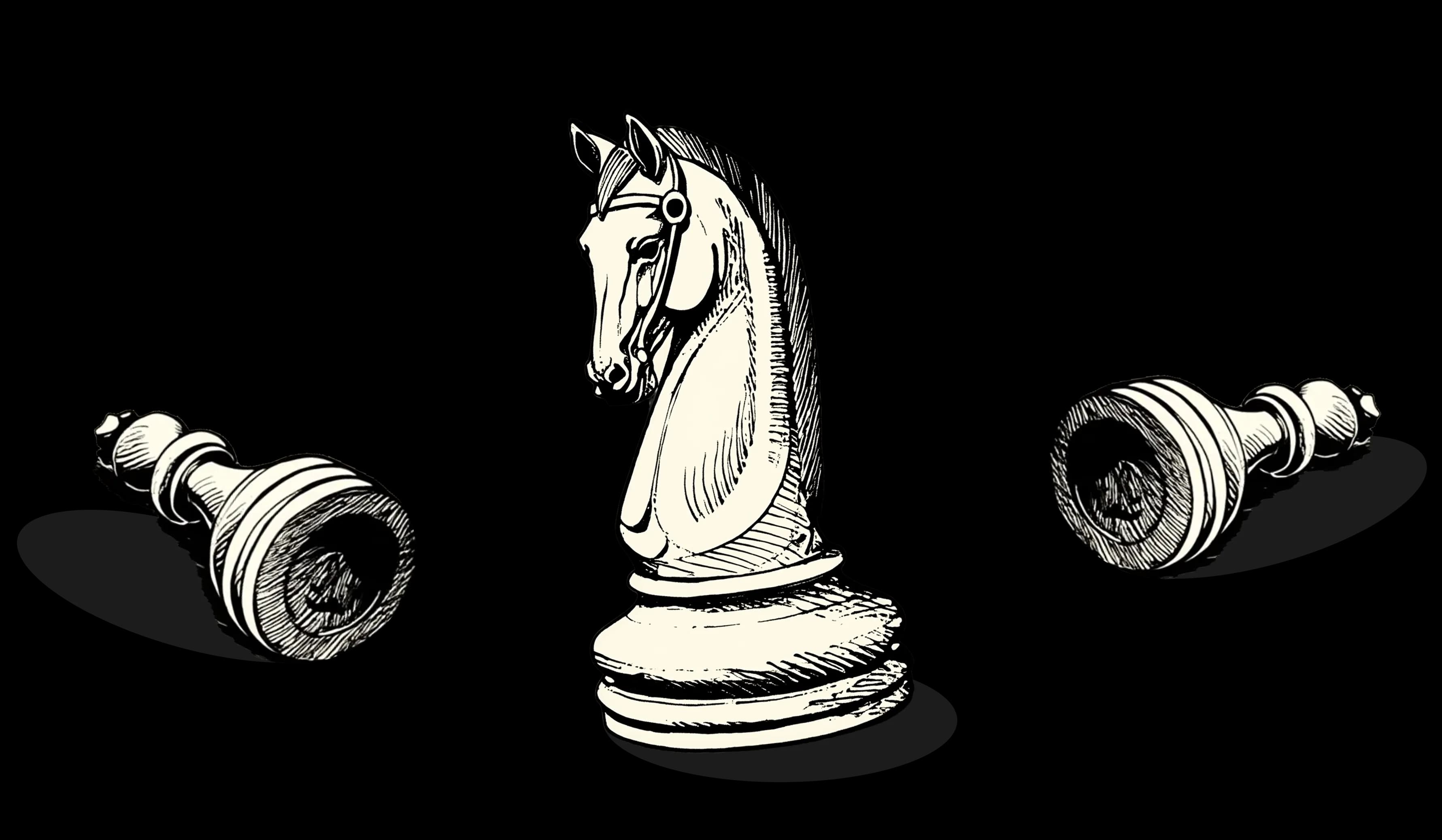 Chess scene with standing knight and two fallen pieces