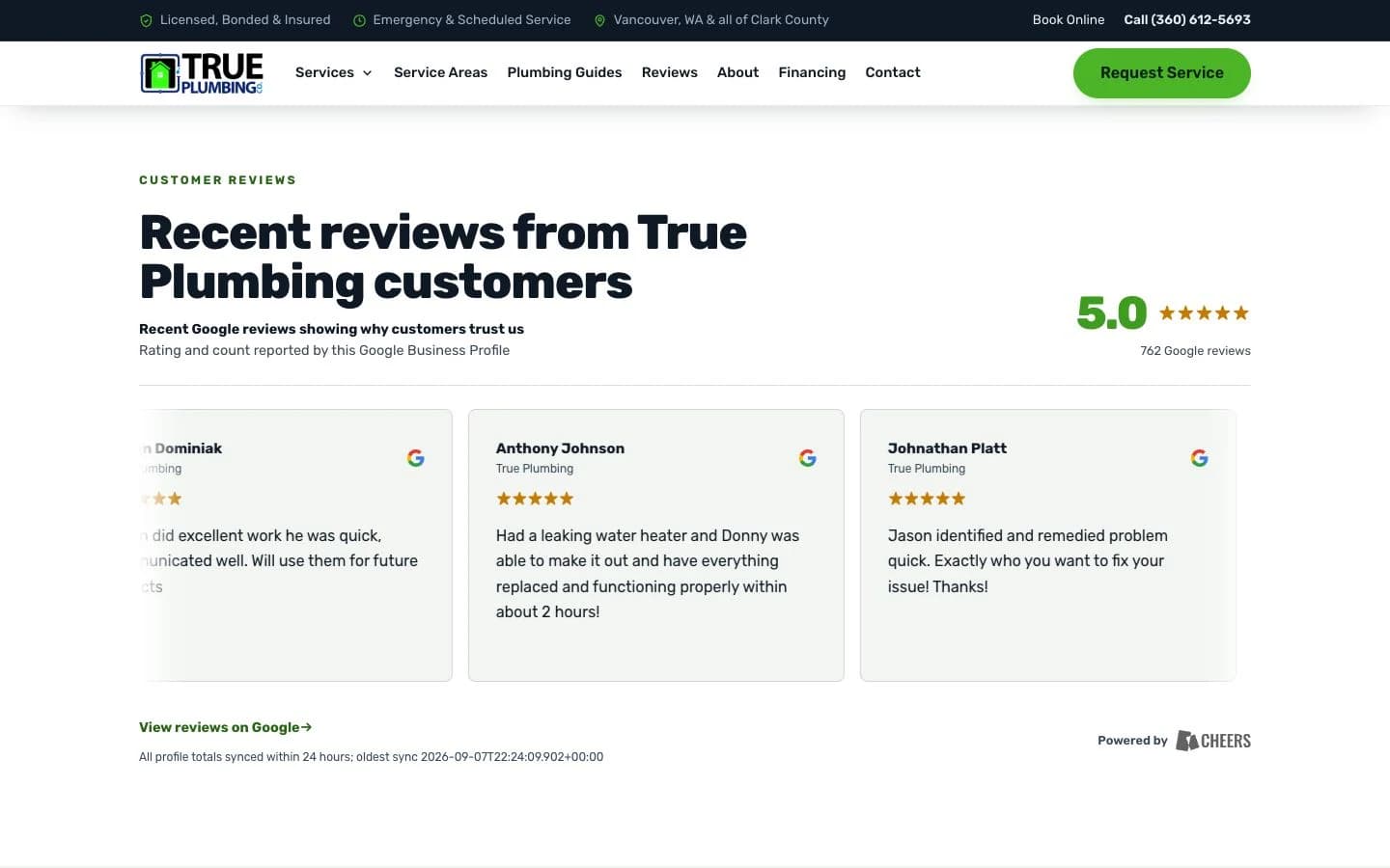Bring fresh Google reviews onto the site. on the live customer website