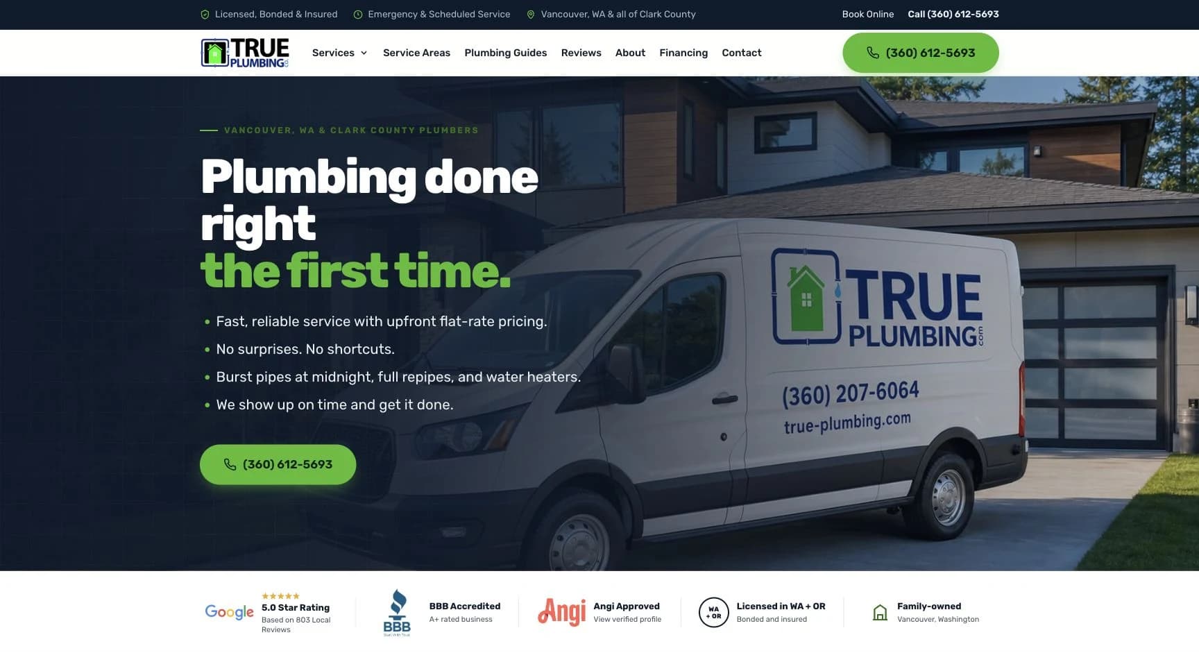 True Plumbingâs live homepage on October 6, 2026, including the Google rating, BBB accreditation, Angi approval and licensing badges beneath the hero