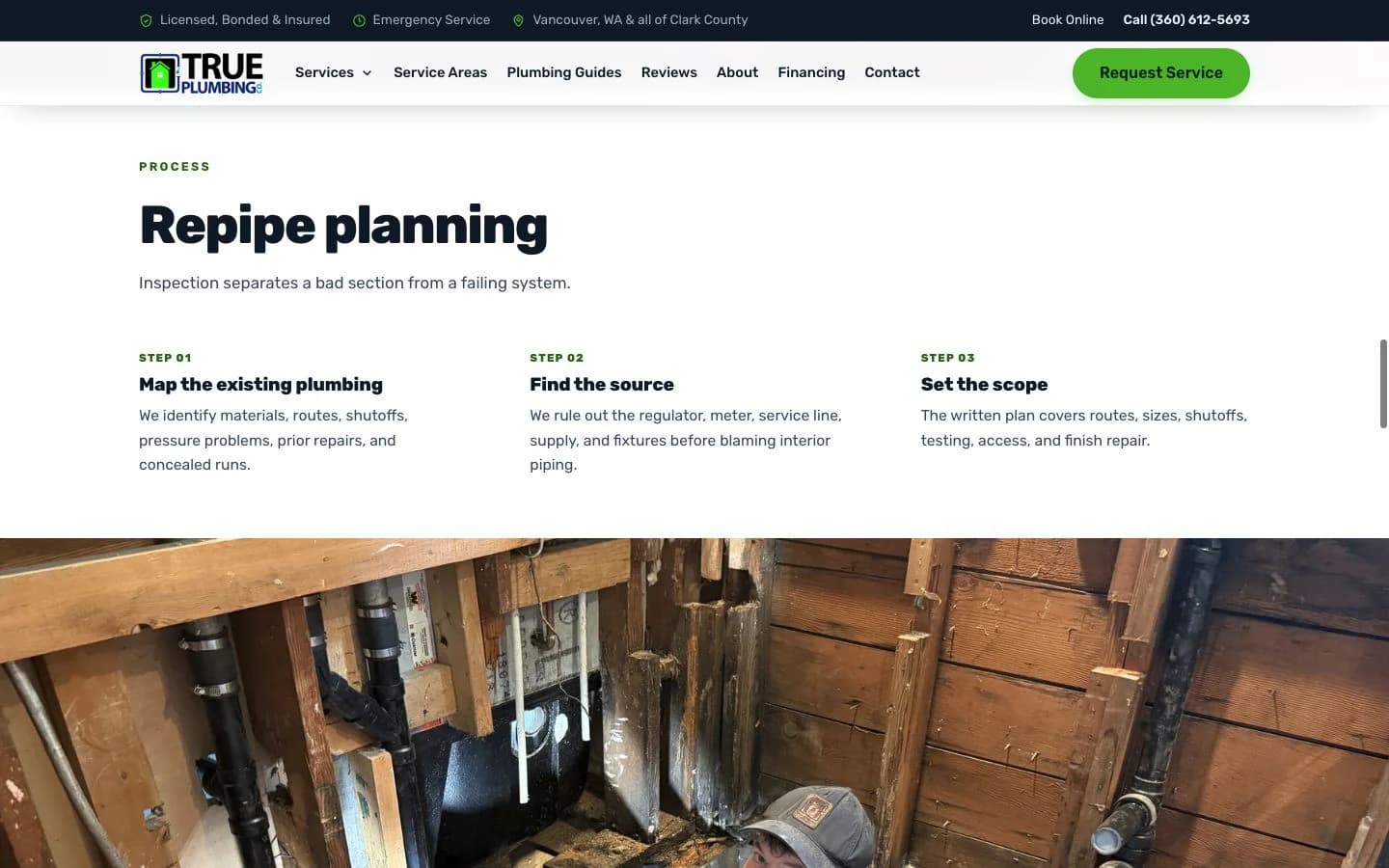 Service pages that explain the work. on the live customer website