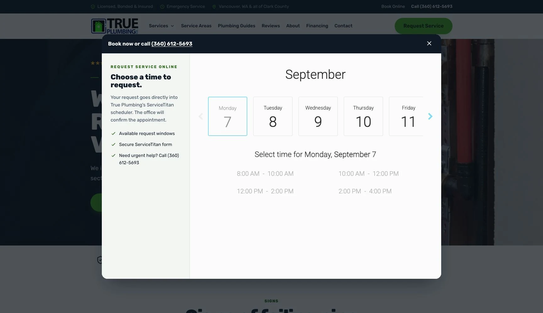True Plumbing’s service request flow, with the office confirming appointment availability