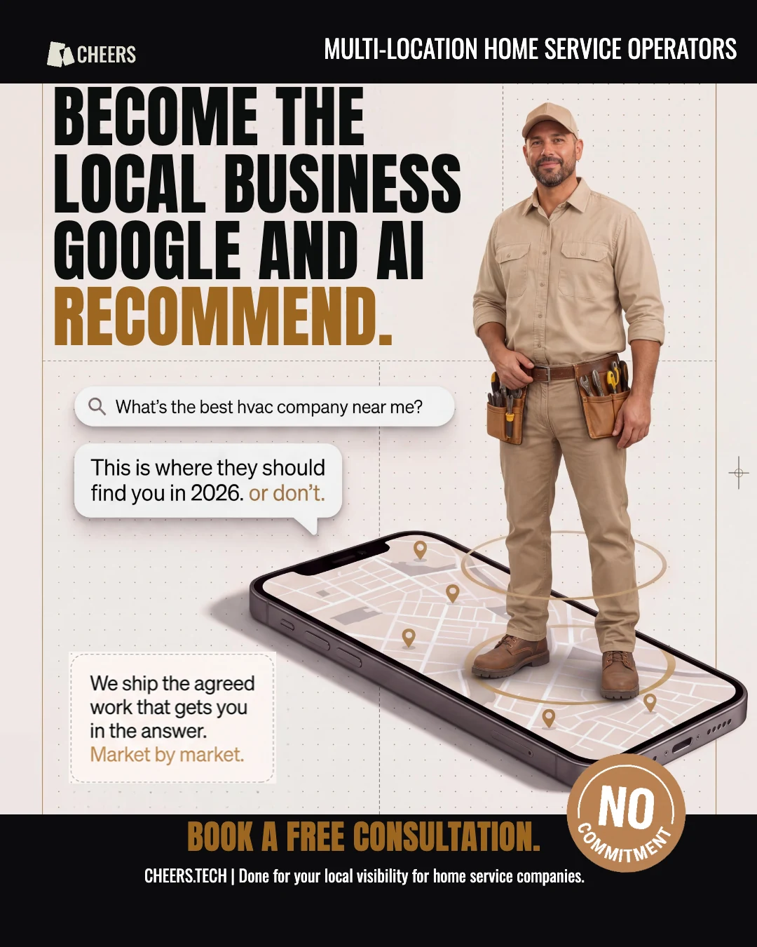 HVAC technician standing on a phone map beside the question: What's the best HVAC company near me?
