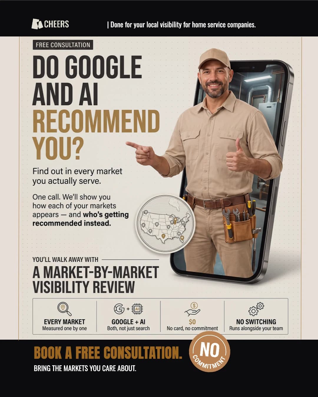 A home service technician beside a market-by-market Google and AI visibility review offer.